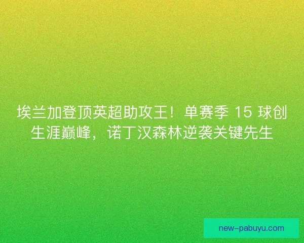 埃兰加登顶英超助攻王！单赛季 15 球创生涯巅峰，诺丁汉森林逆袭关键先生